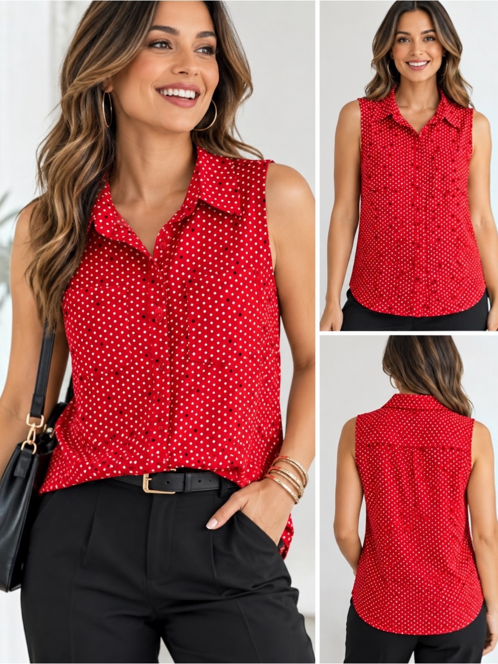 Notations Women XL Red Polka Dot Sleeveless Button Down Blouse NWT Stretch